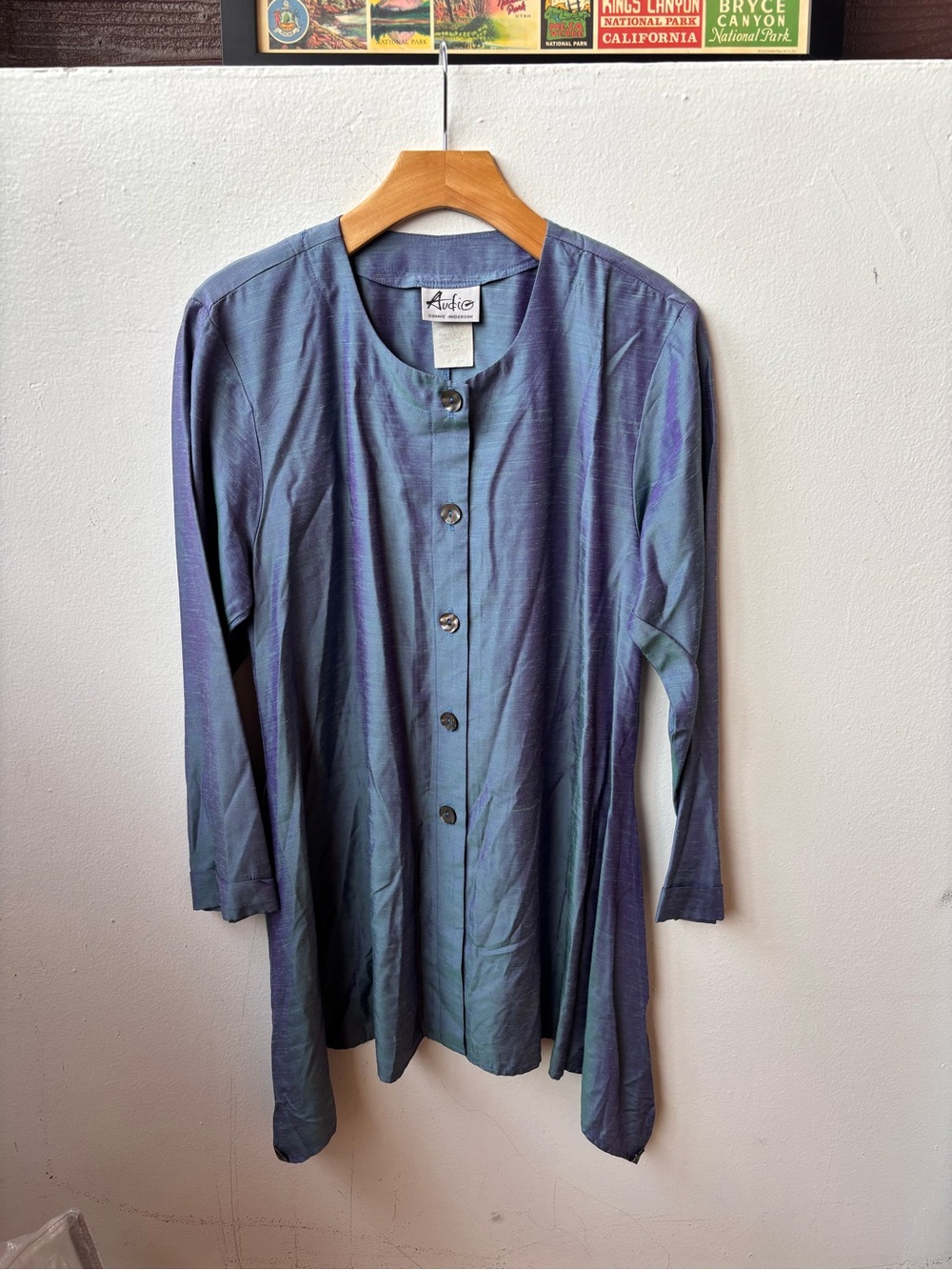 Audio holographic Blue-Green Long Button blouse